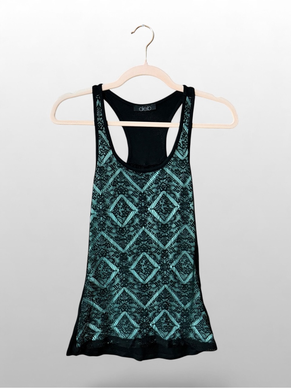 Deb Y2K Lace Tank Top Black Mint Racerback Fitted Womens Small
